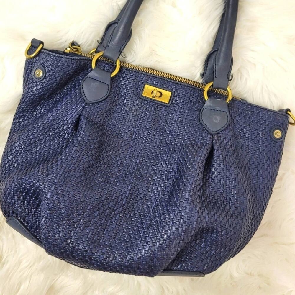J. CREW Navy Blue Brompton Woven Straw Leather Trim Satchel Handbag Quiet Luxury - Picture 3 of 14